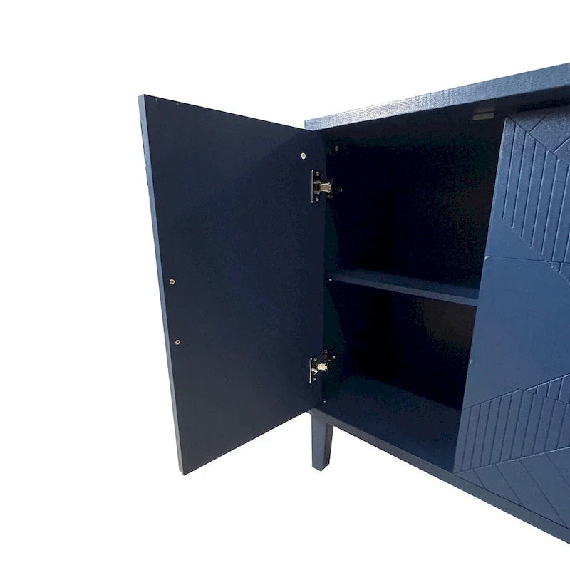 Navy Blue Sideboard Buffet Cabinet with Geometric Texture, Gold Handle Storage Credenza