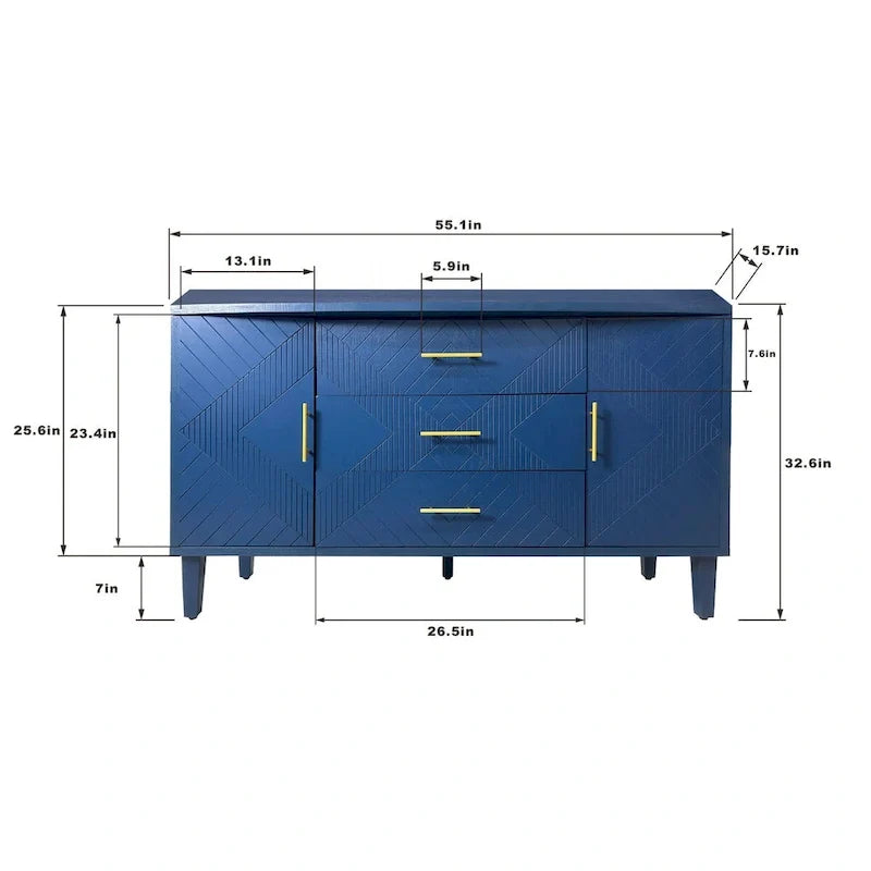 Navy Blue Sideboard Buffet Cabinet with Geometric Texture, Gold Handle Storage Credenza