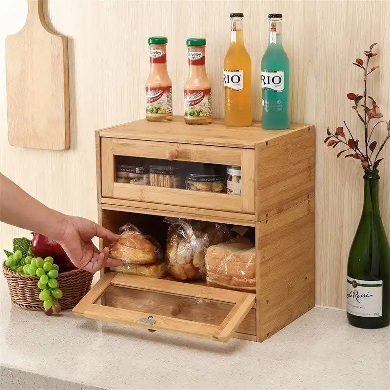 Portapane in bambù con ante trasparenti, organizer per alimenti da piano cucina