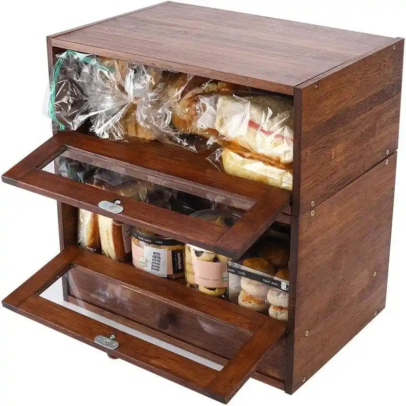 Portapane in bambù con ante trasparenti, organizer per alimenti da piano cucina
