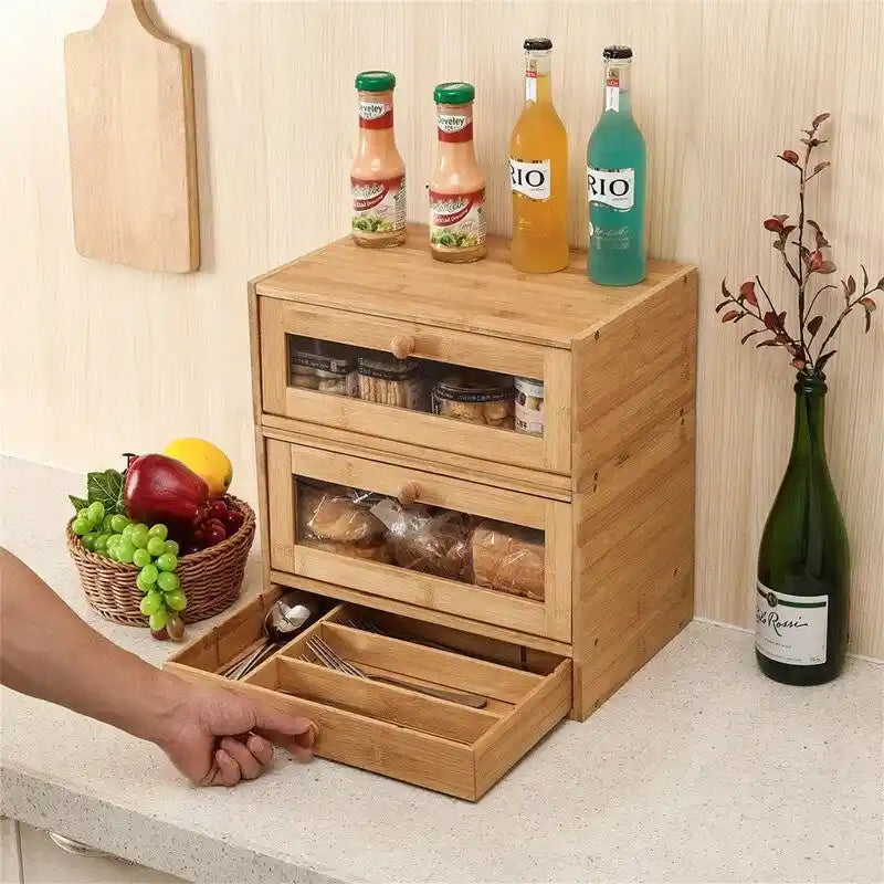 Portapane in bambù con ante trasparenti, organizer per alimenti da piano cucina