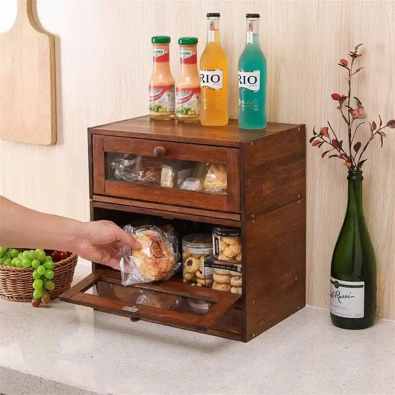 Portapane in bambù con ante trasparenti, organizer per alimenti da piano cucina