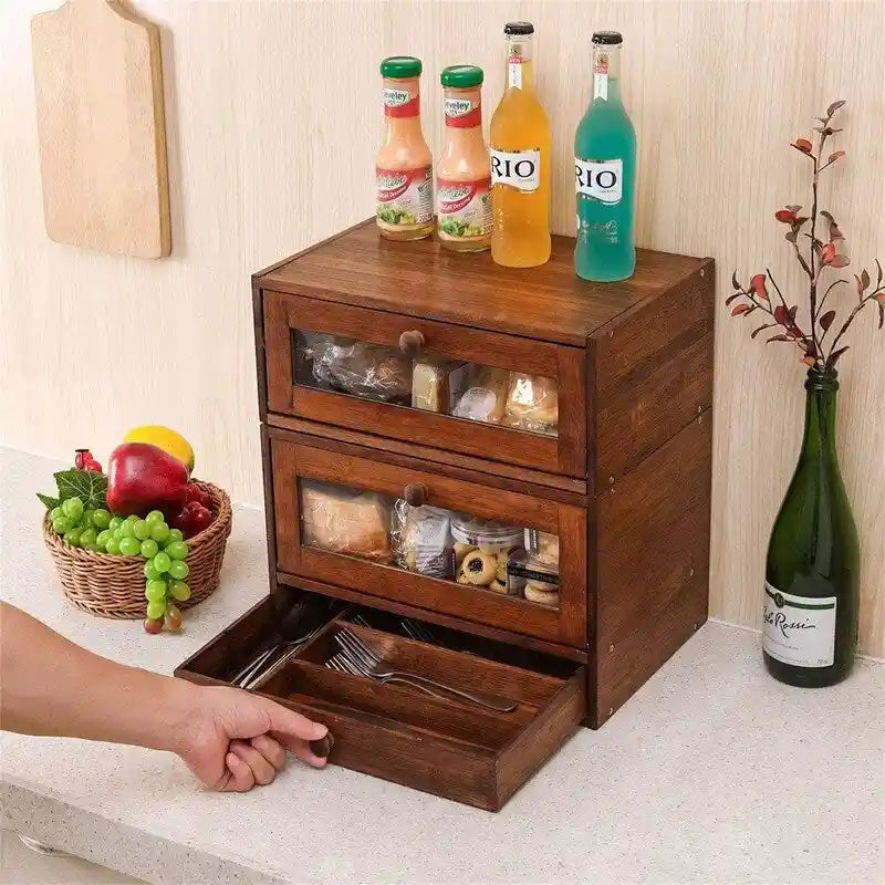 Portapane in bambù con ante trasparenti, organizer per alimenti da piano cucina