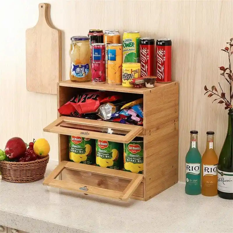 Portapane in bambù con ante trasparenti, organizer per alimenti da piano cucina