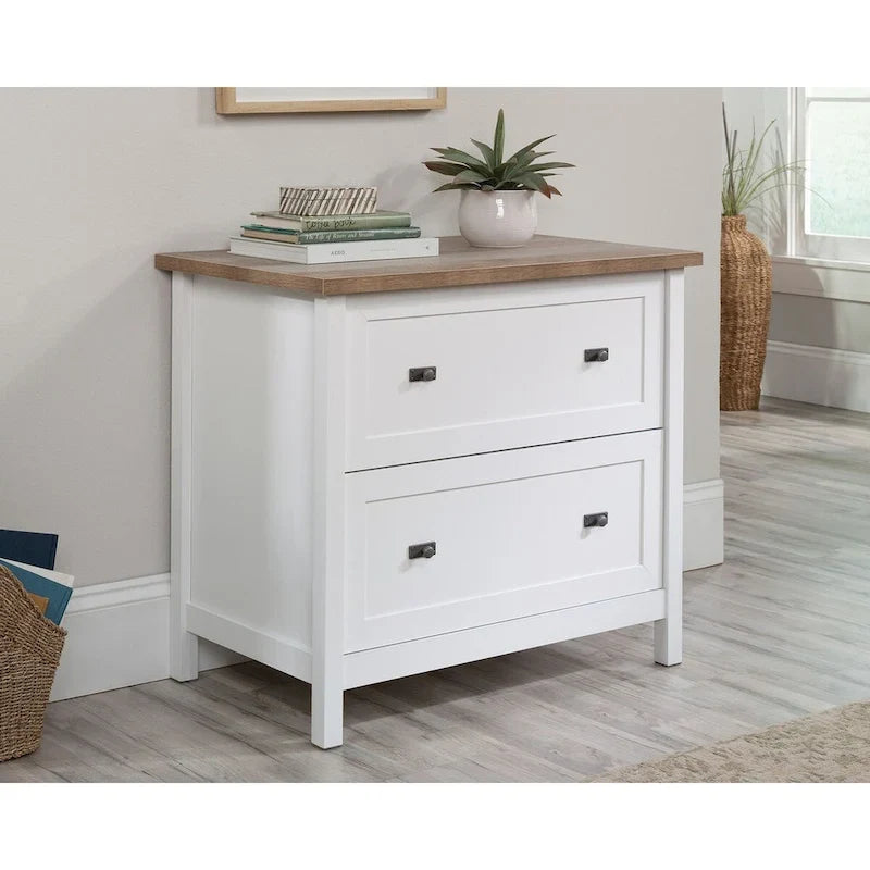 White 2-Drawer Storage Chest with Wood Top, Farmhouse Nightstand Dresser for Bedroom