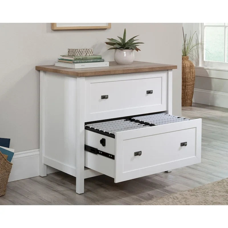 White 2-Drawer Storage Chest with Wood Top, Farmhouse Nightstand Dresser for Bedroom