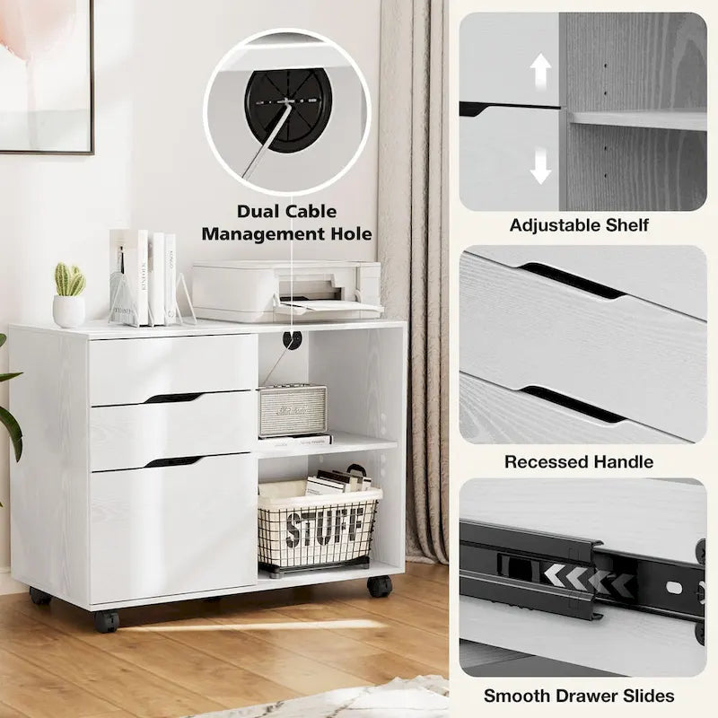 3 Drawer Mobile Lateral Filing Cabinet with Open Storage Shelves Functions as Printer Stand