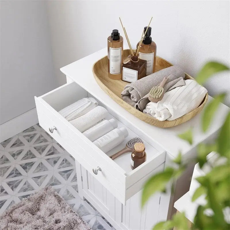 Mobile contenitore da bagno bianco con cassetto e doppie ante, mobile da bagno da pavimento indipendente