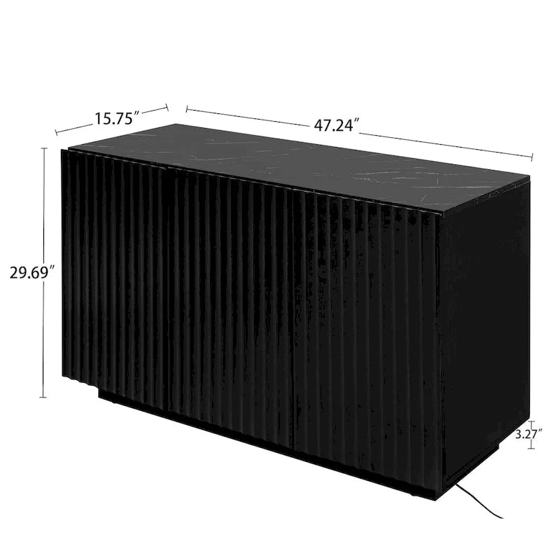 Credenza contenitore a 3 ante con linee intagliate e LED, ripiano regolabile, ampio mobile d'accento