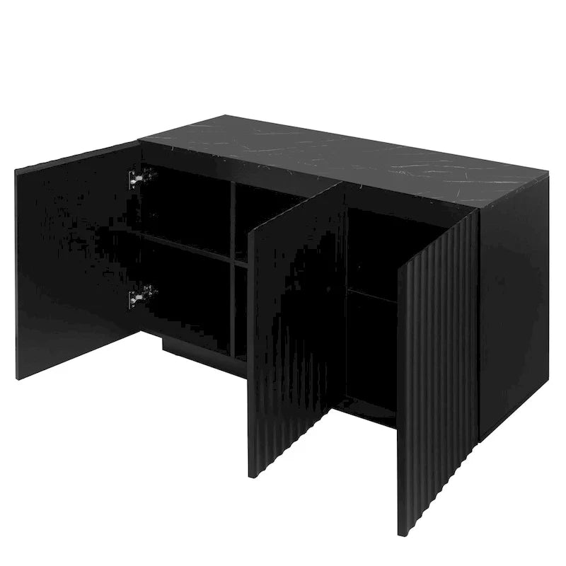 Credenza contenitore a 3 ante con linee intagliate e LED, ripiano regolabile, ampio mobile d'accento