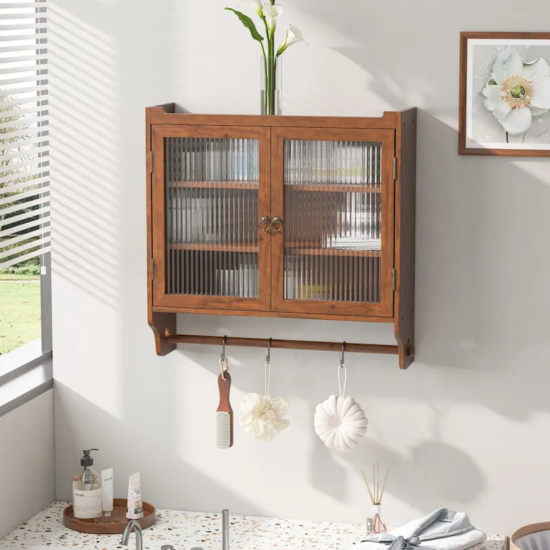 24.8 Vintage Glass Door Wall Cabinet with Double Doors, Three-Tier Storage, and Towel Rack