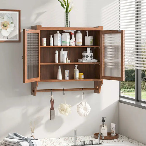 24.8 Vintage Glass Door Wall Cabinet with Double Doors, Three-Tier Storage, and Towel Rack