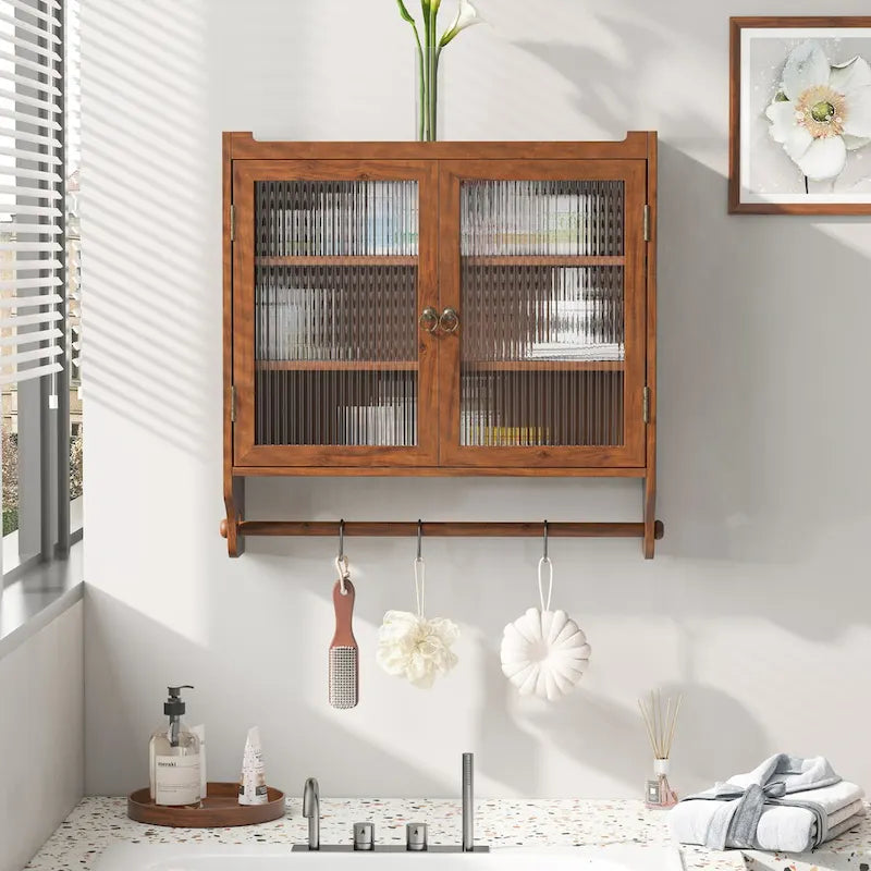 24.8 Vintage Glass Door Wall Cabinet with Double Doors, Three-Tier Storage, and Towel Rack