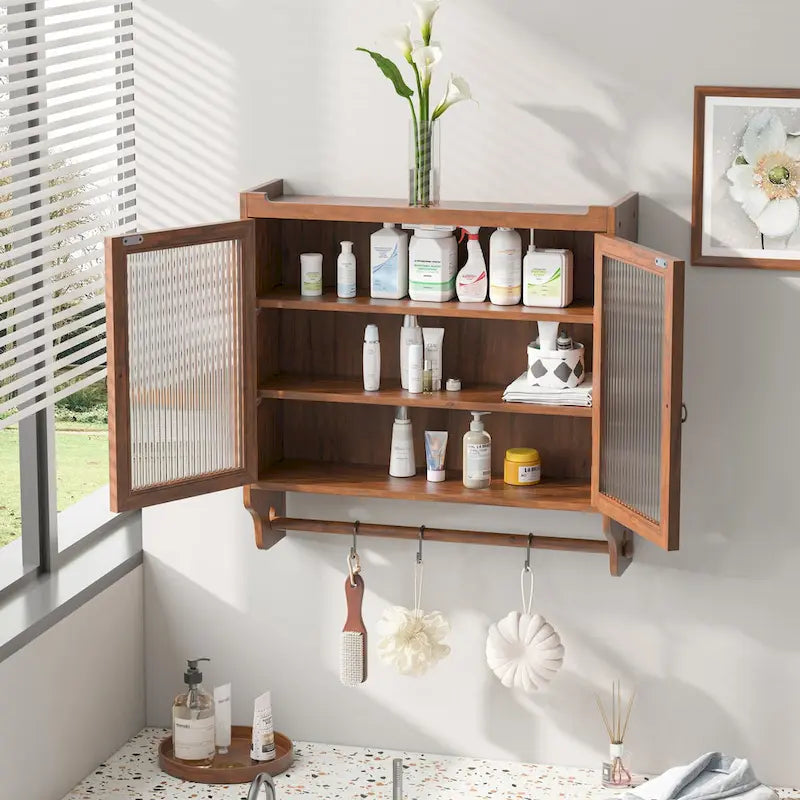 24.8 Vintage Glass Door Wall Cabinet with Double Doors, Three-Tier Storage, and Towel Rack