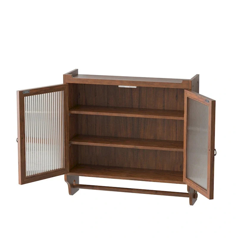 24.8 Vintage Glass Door Wall Cabinet with Double Doors, Three-Tier Storage, and Towel Rack