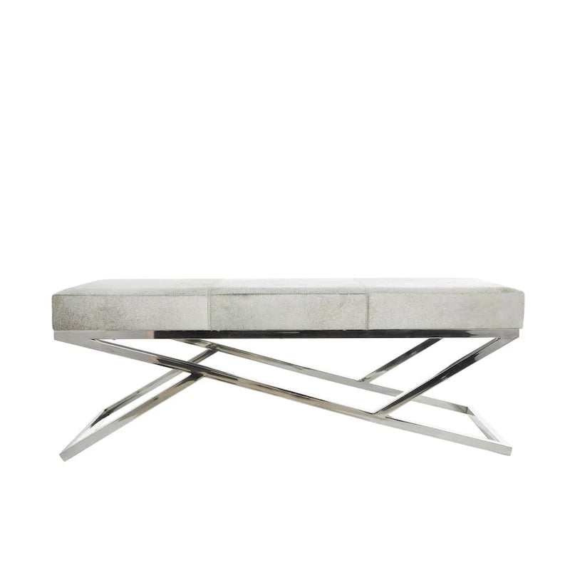 Panca geometrica in pelle con base angolata in metallo argentato - grigio chiaro